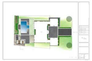Color landscape design plan for the Muzich project showing a pool, patio, loggia and cabana layout